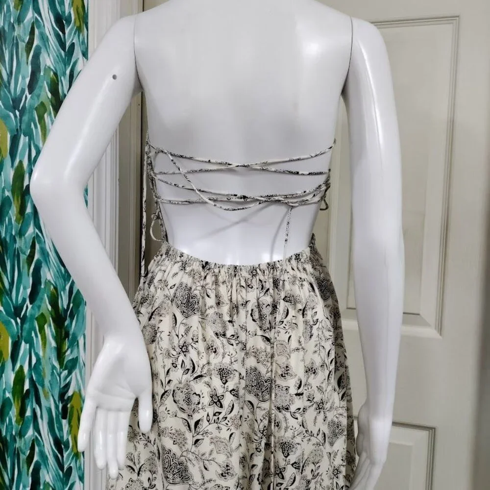 ASTR the Label Floral Print Maxi Linen Dress With Smocked Bodice Back Tie S - Picture 2 of 11